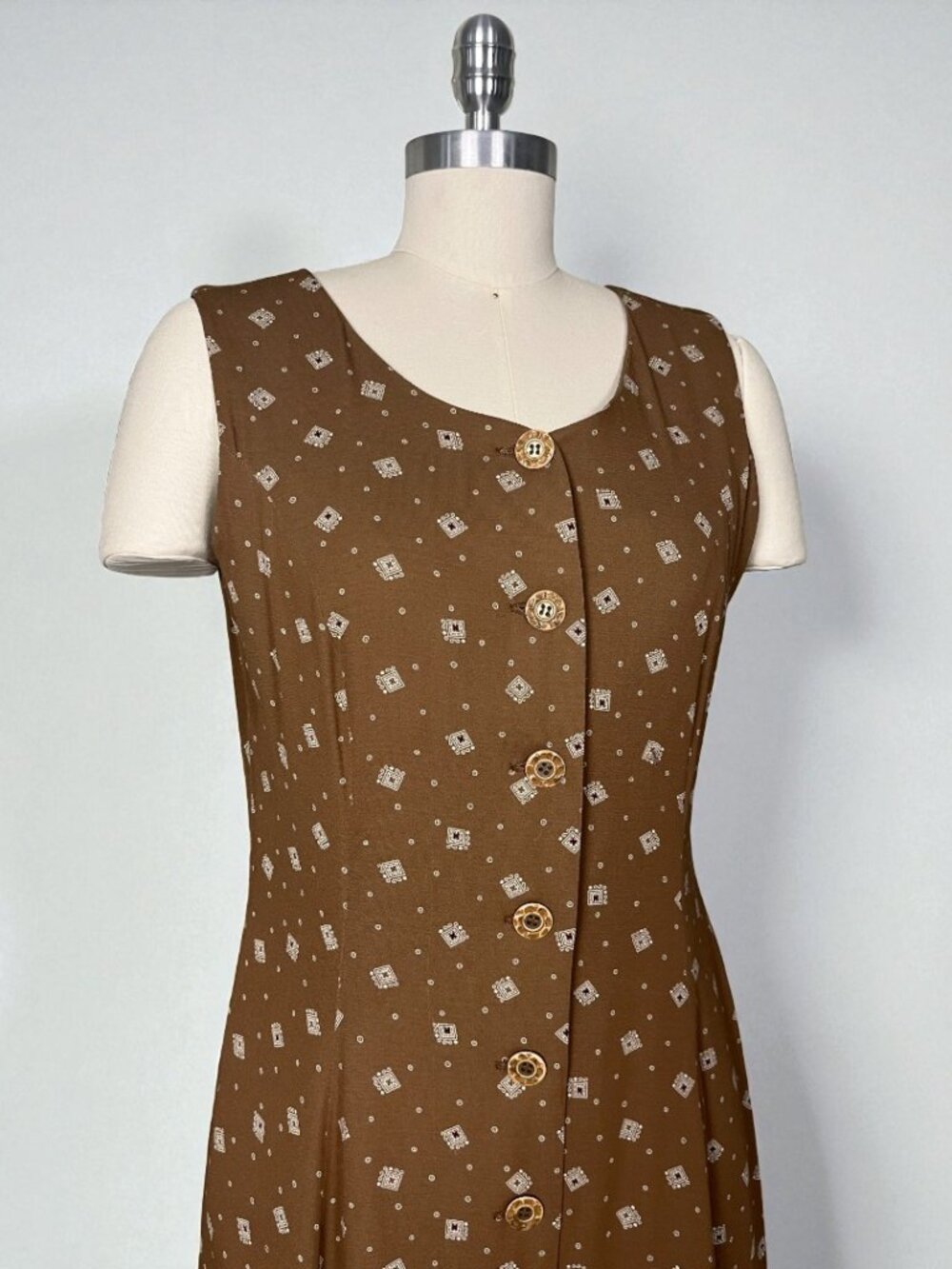 Vintage Ka-Wa Brown & White Geometric Sleeveless Button Down Swing Dress M